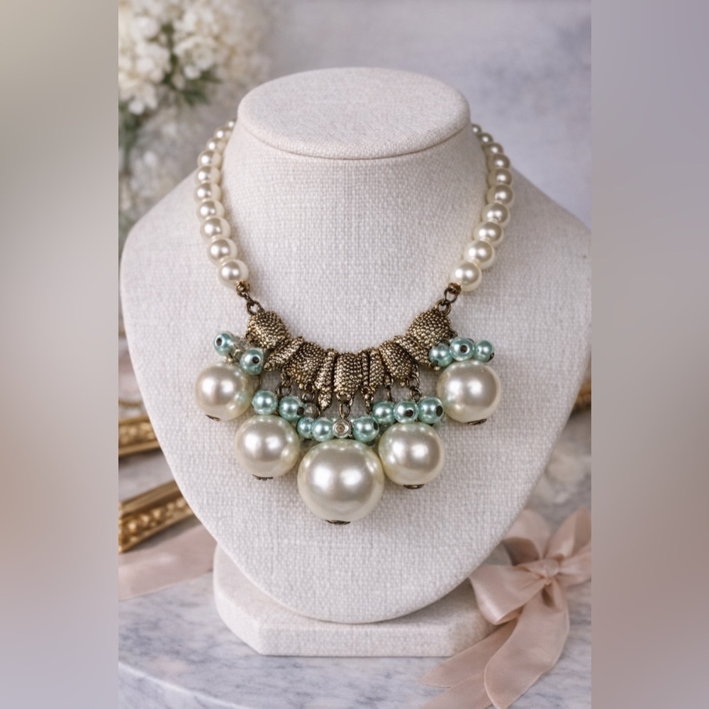 Plunder Pearl Statement Necklace Aqua Bead Cluster Vintage Inspired Chunky